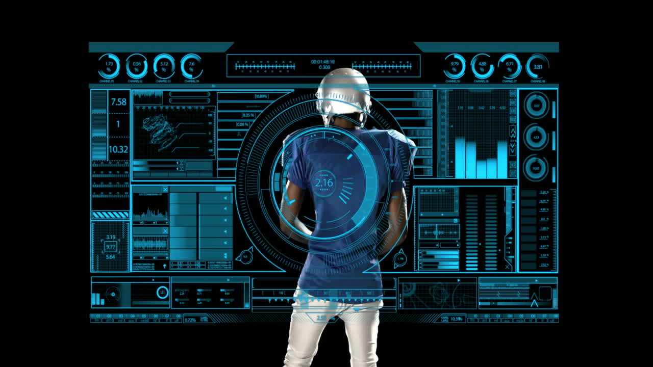 Wearing futuristic helmet, person interacting with animation displaying data and graphs