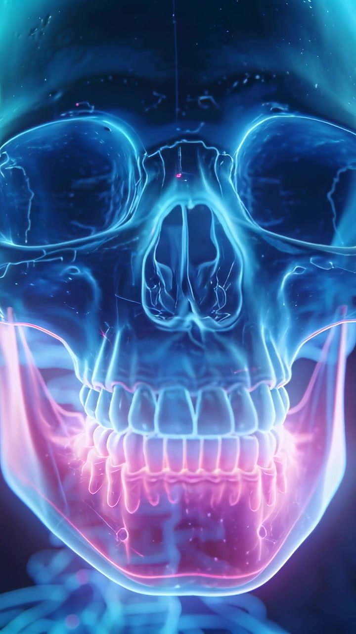 Video verticale: Teschio al neon che inizia a ruotare verso la telecamera in studio, con denti magenta.