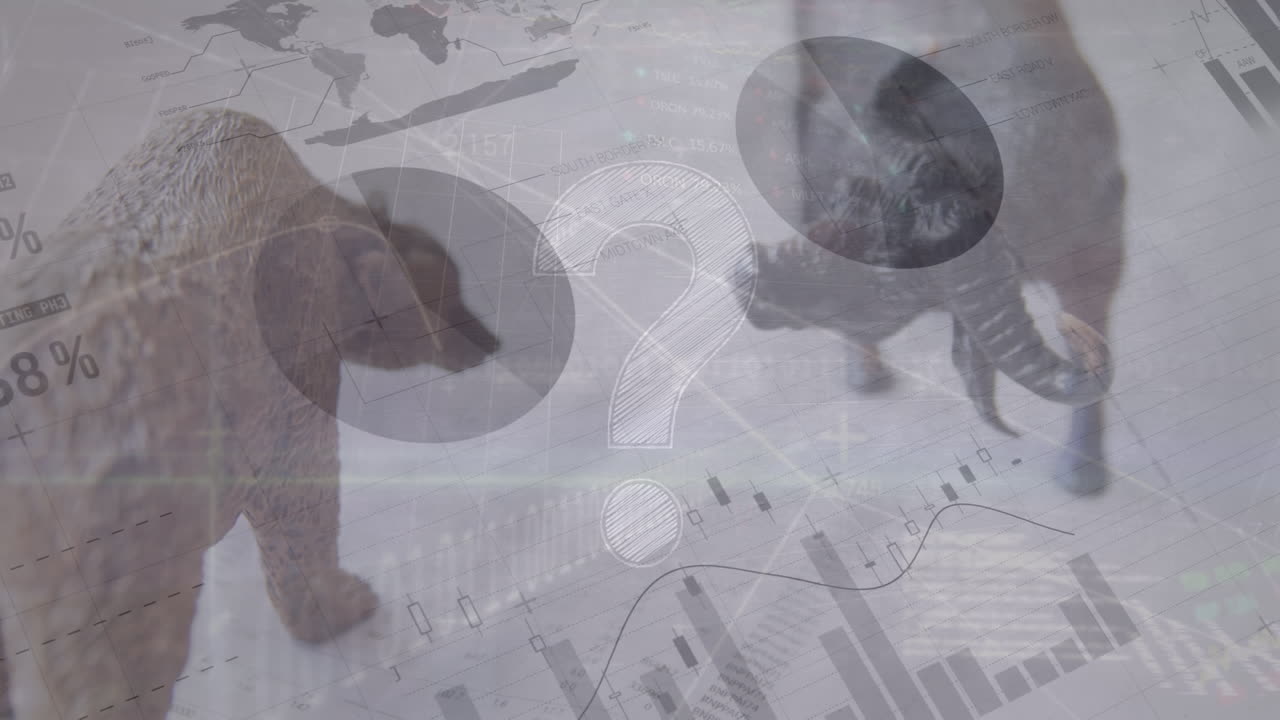 animación de gráficos y datos financieros sobre figuras de animales sobre fondo blanco