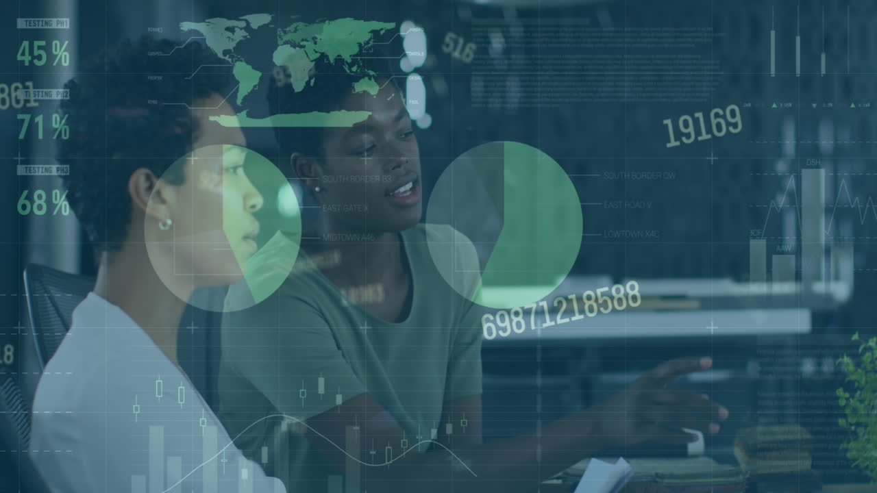 Animation of changing numbers and infographic interface, diverse female coworkers discussing reports