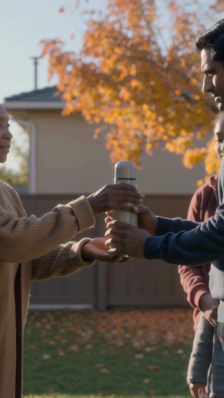 Vertical video: Offering grandmother in cardigan passing thermos in yard man arriving and checking
