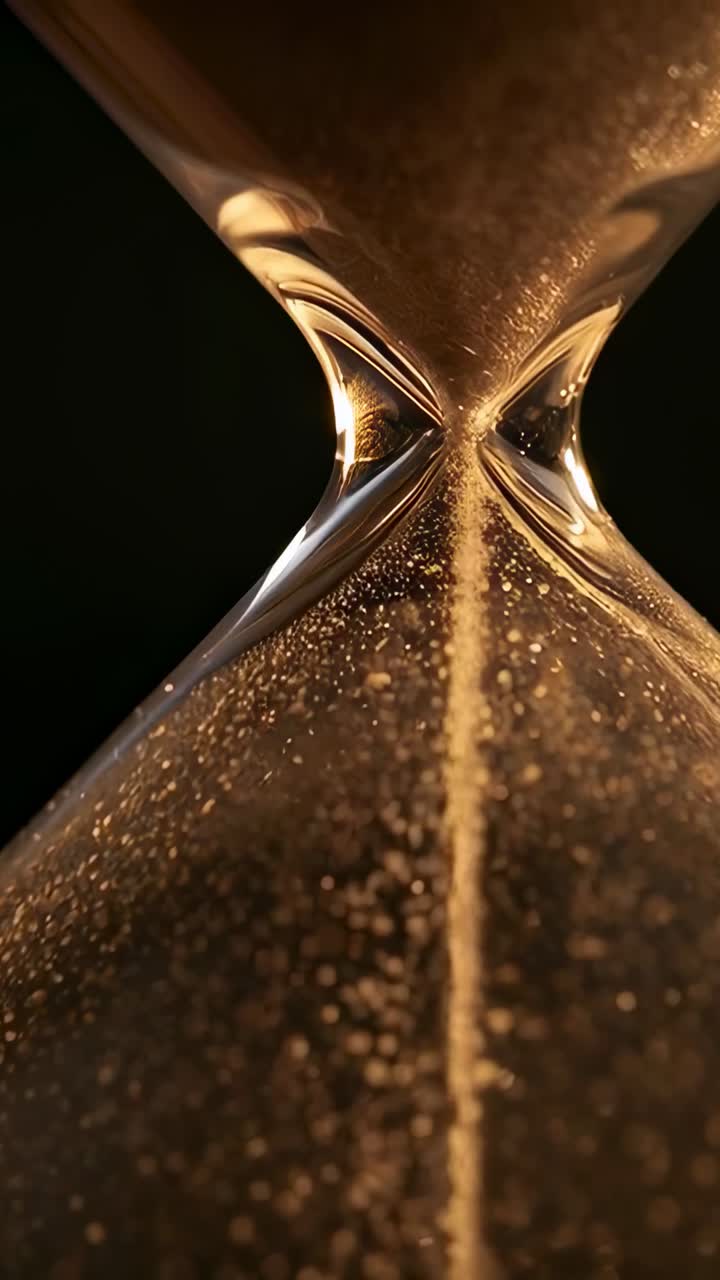 Vertical video: Gravity pulling golden sand through glass hourglass neck in dark studio, warm light