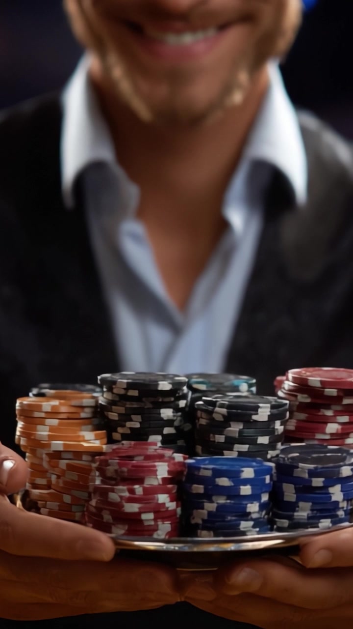 Un giocatore d'azzardo sicuro di sé mostra un vassoio lucido di fiches da poker multicolori, mettendo in evidenza abilità e strategia in un ambiente di casinò ad alto rischio.