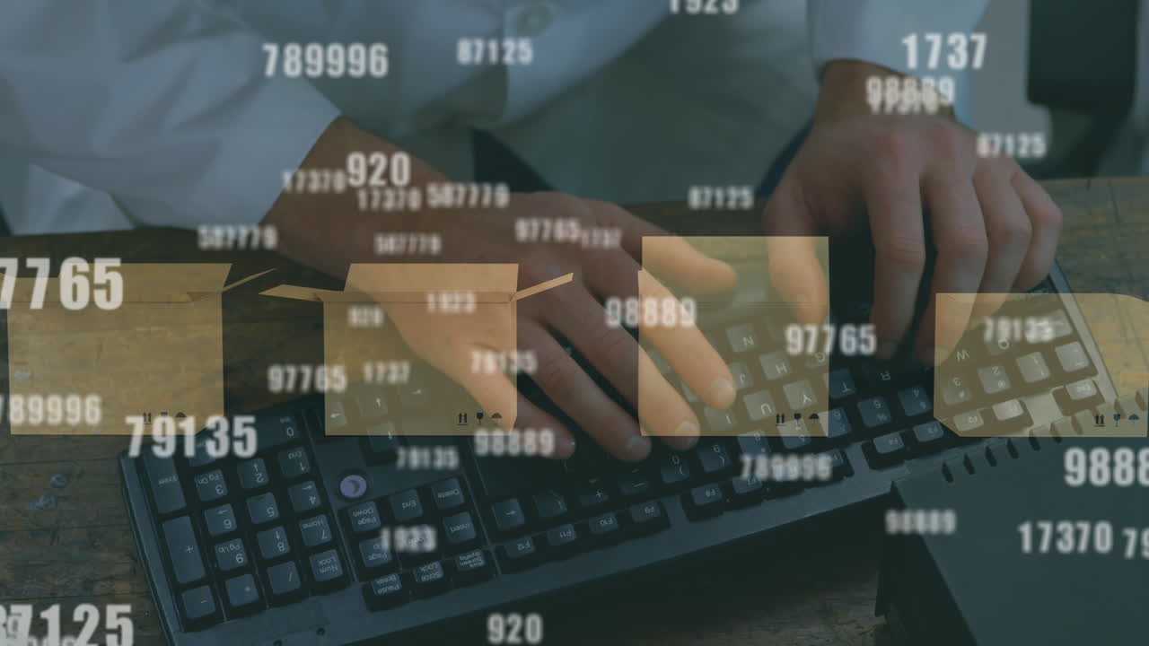 Animation of numbers changing over woman typing on computer keyboard and cardboard boxes