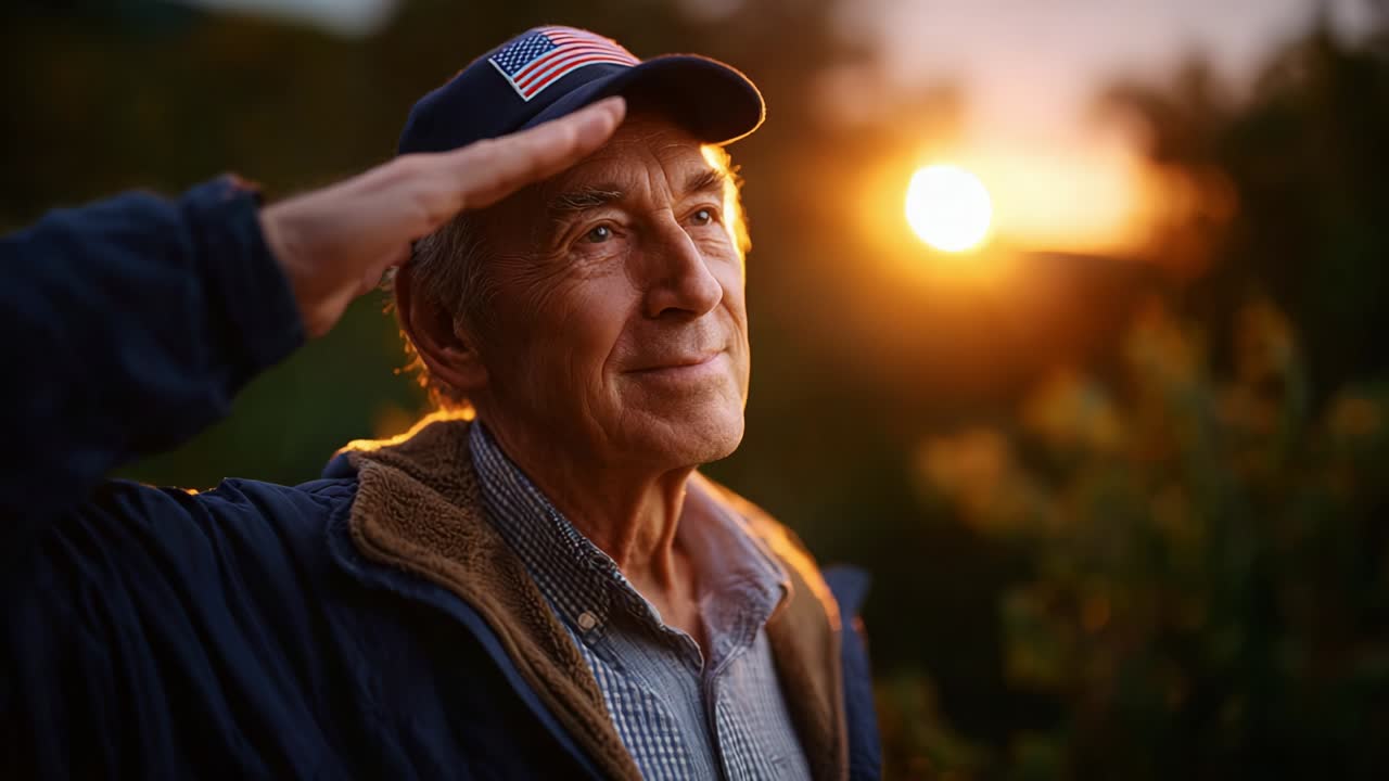 A Respectful Salute: An Older Man in a Cap Offering a Salute Against a Stunning Sunset Background, Signifying Honor and Reflection in a Peaceful Moment of Reverie