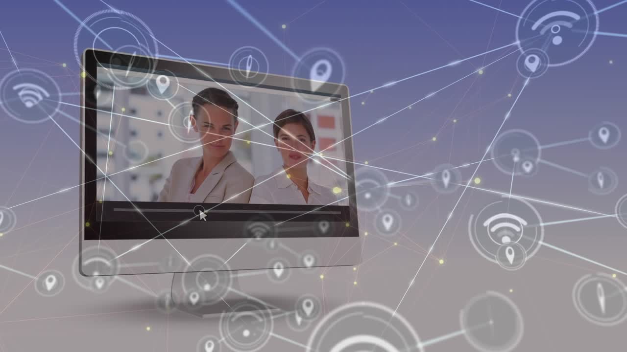 Animazione di rete di connessioni su diversi professionisti su schermo di computer
