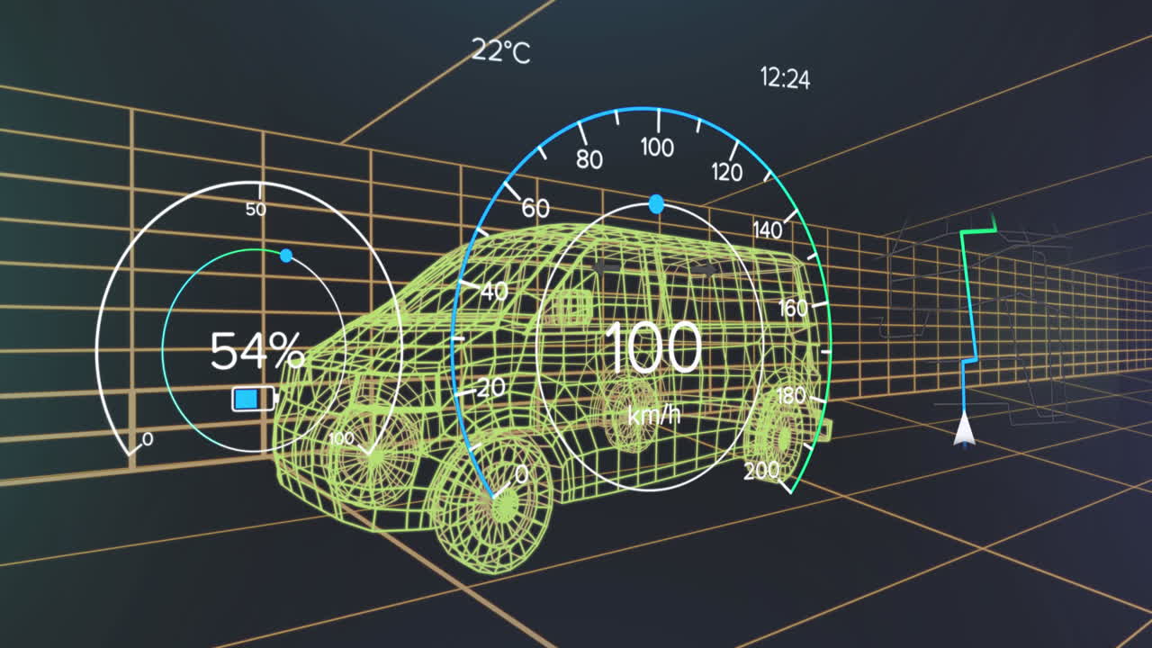 차량 인터페이스에 있는 스피도미터, gps 및 충전 상태 데이터의 애니메이션, 3d 밴 모델