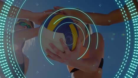 Animation-of-scope-scanning-over-caucasian-women-with-volleyball-teaming-up