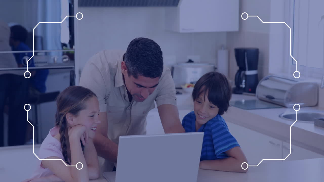 디지털 네트워크 애니메이션으로 둘러싸인 노트북을 사용하는 아버지와 아이들