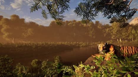 un tigre descansando en una roca al lado de un río dentro del bosque de la selva, con una densa vegetación a su alrededor, animación 3d, paisajes animados, animación de vida silvestre