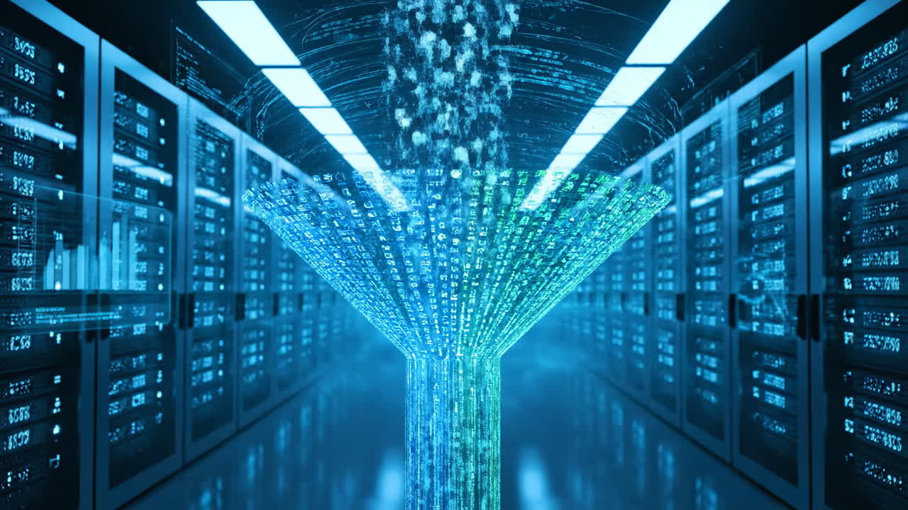 Data flow in a modern server room setup. Digital data streams descend into a vibrant vortex in a cutting-edge server room filled with technology