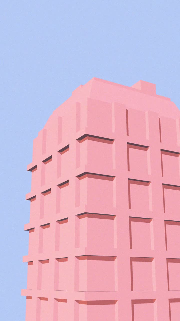 Fachada minimalista de prédio rosa com sombras dinâmicas e céu azul