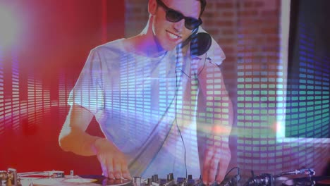 digital animation showing smiling disco jockey mixing music in pub 4k