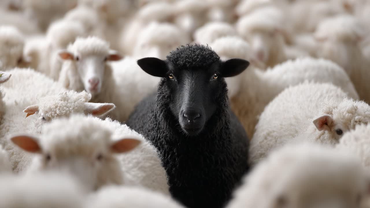 A striking contrast emerges as a solitary black sheep stands out amidst a sea of white sheep, highlighting individuality in a flock, evoking thoughts on uniqueness and belonging