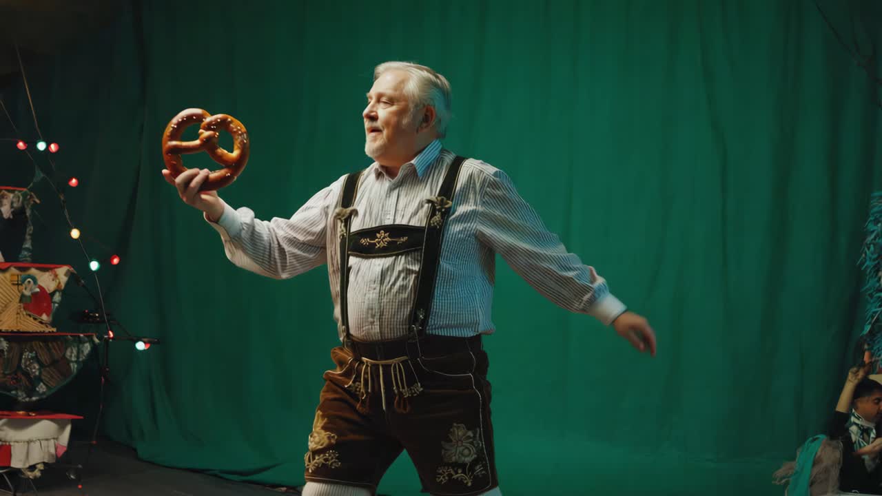 Man holding a pretzel in lederhosen