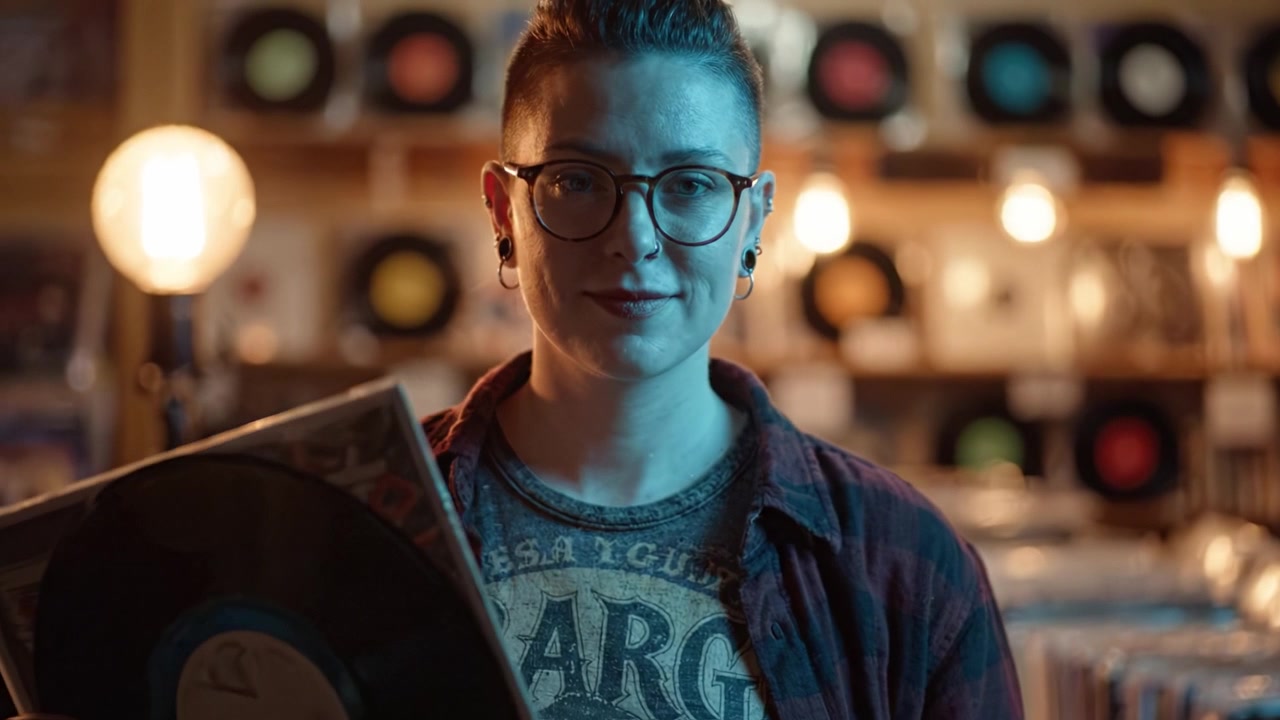 Vinyl Enthusiast Exploring a Record Shop in a Cozy Atmosphere, Reflecting Passion for Music and Nostalgia in Captivating Lighting and Ambiance.