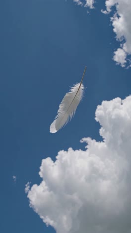 a serene video scene with a feather floating against a blue sky, surrounded by fluffy clouds