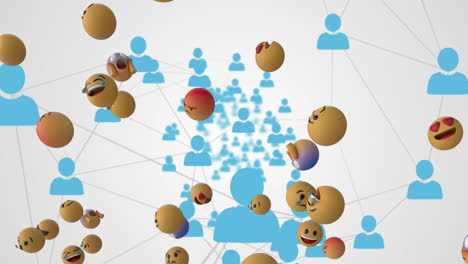 animation of emojis floating over network of connected blue people icons moving on white background