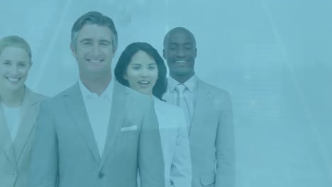 animation of data processing over portrait of diverse businesspeople smiling at office