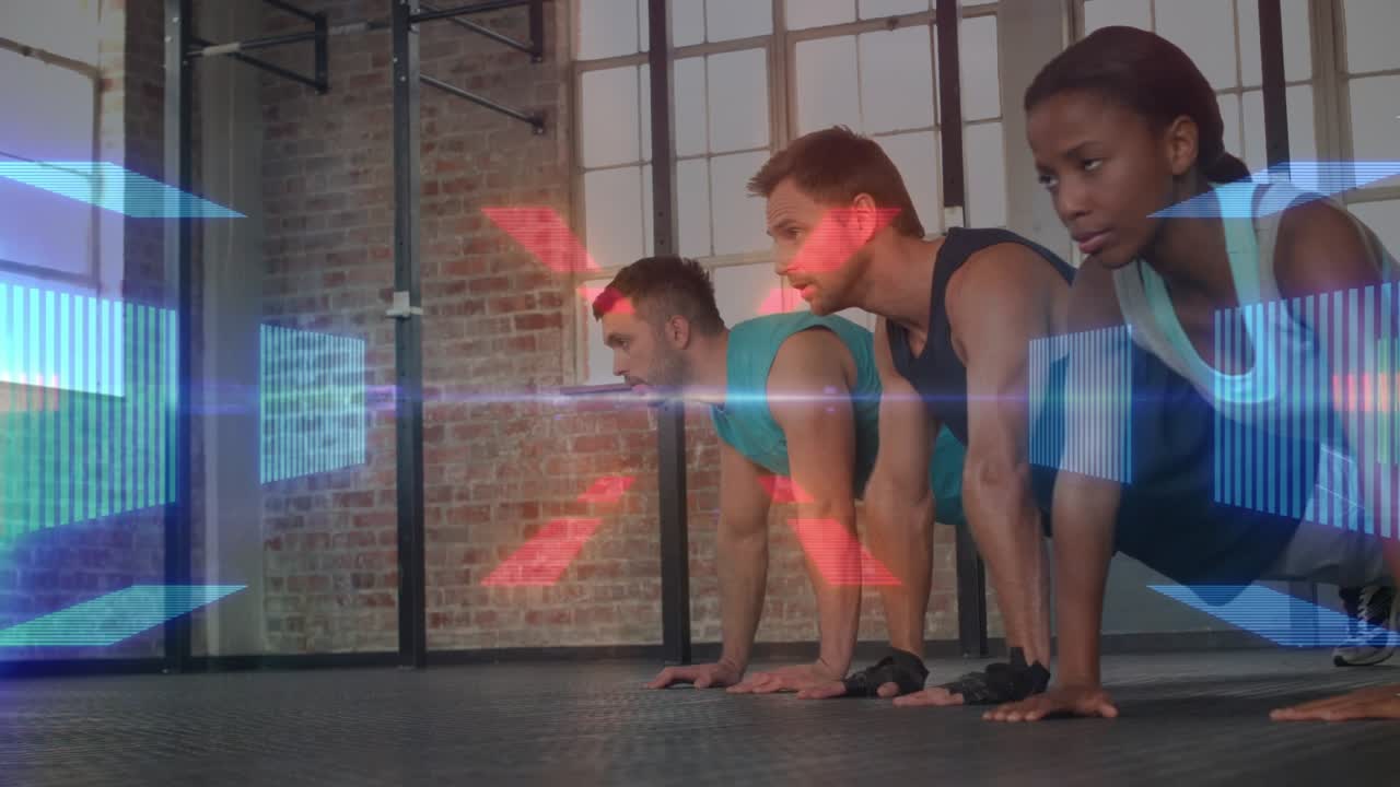 From high plank start, trio doing synced push-ups in gym, equalizer pulsing with reps for training