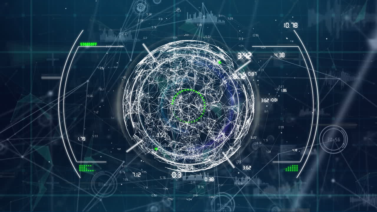 Animation of hud, connecting dots, globe with data processing on digital interface