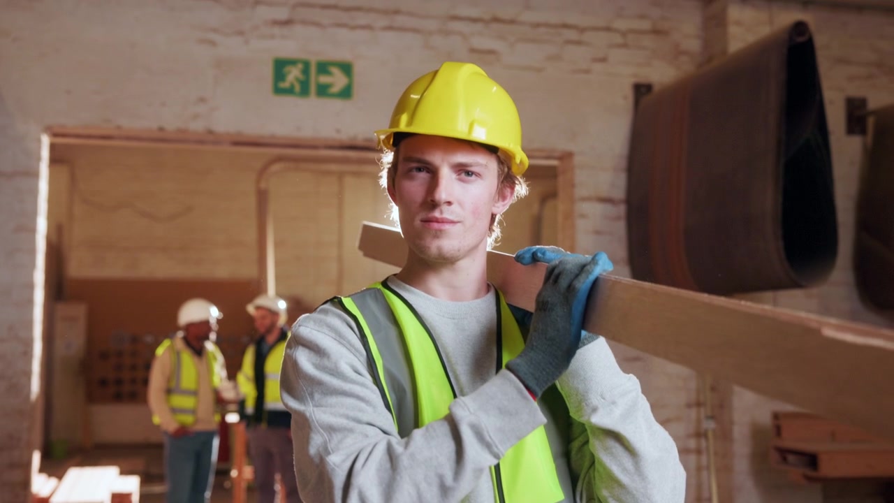 Young Construction Worker Carrying Wooden Plank in Workshop