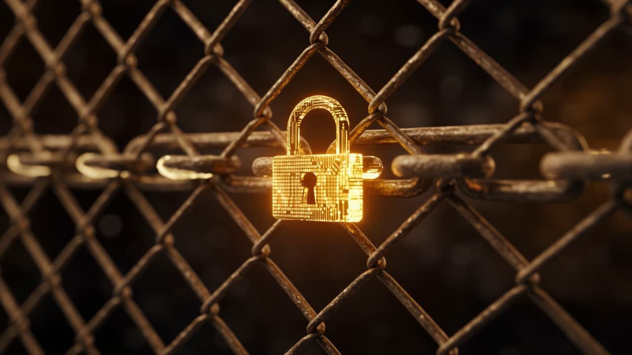 A Secure Digital Lock Hangs on a Chain-Link Fence, Symbolizing Cybersecurity and Protection of Information from Unauthorized Access
