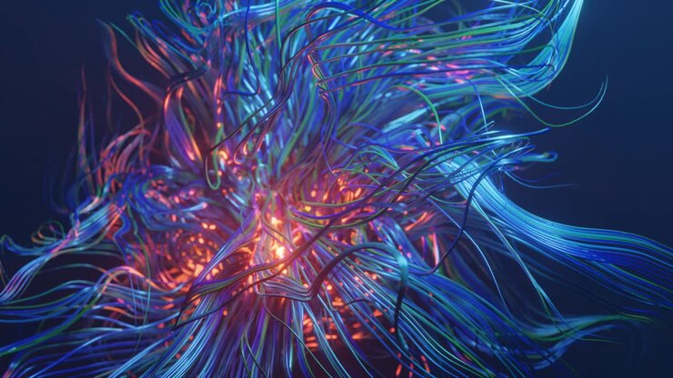 4k seamless looped bg. live curls underwater like fur, multi-colored threads or hair. Mist and DOF bokeh effects. Volumetric lights. Mysterious background with live curved lines, close-up