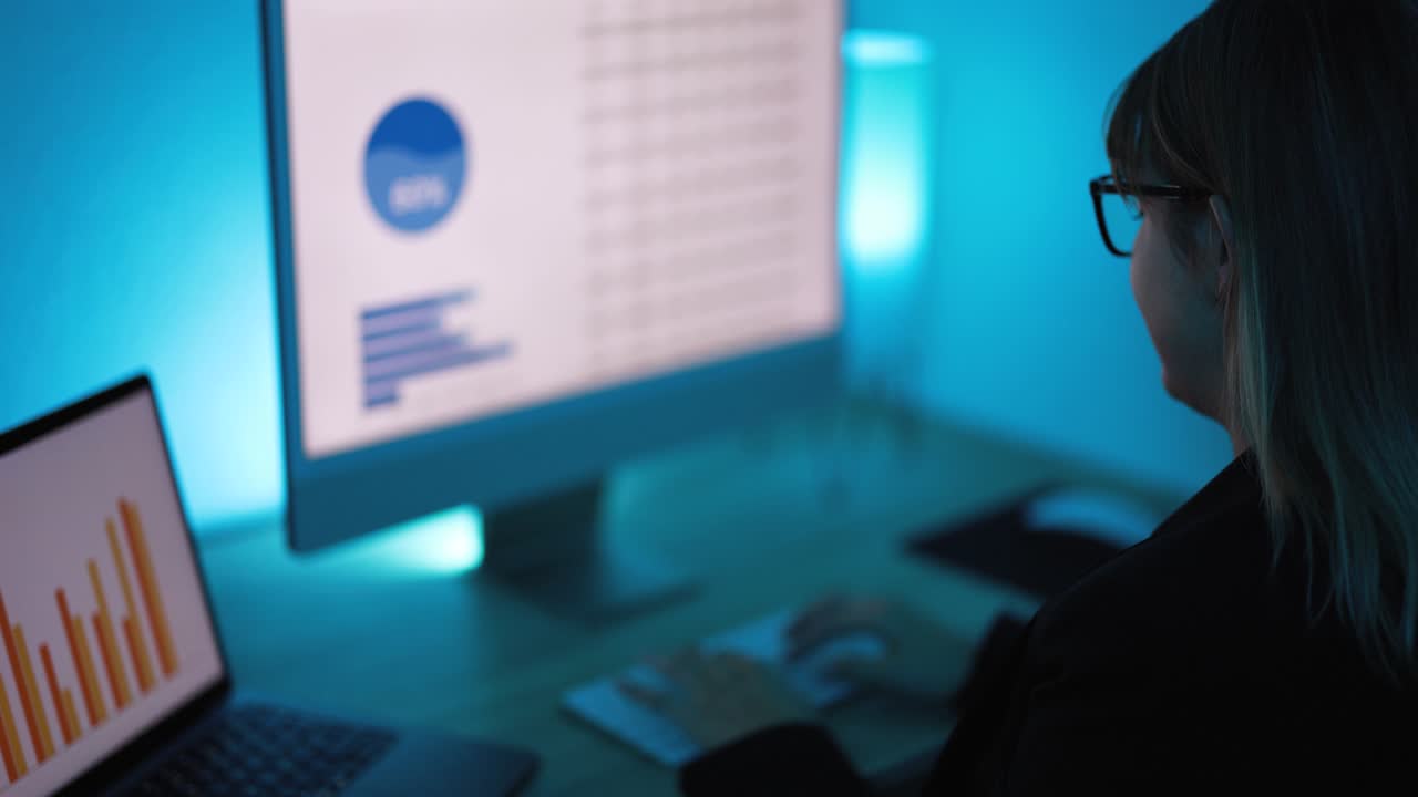 mujer joven estudiando gráficos de datos para informes financieros de marketing