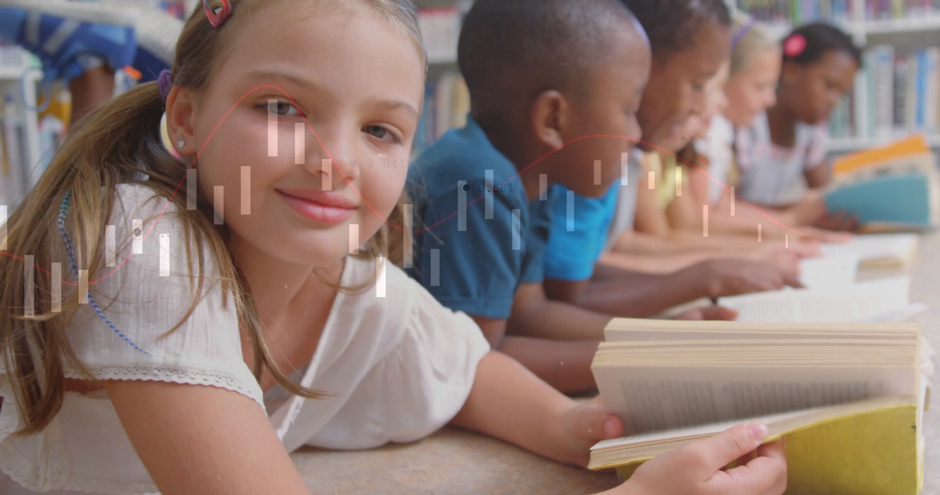 Front girl reading yellow book for learning, camera widening causing vertical bars overlay, smiling