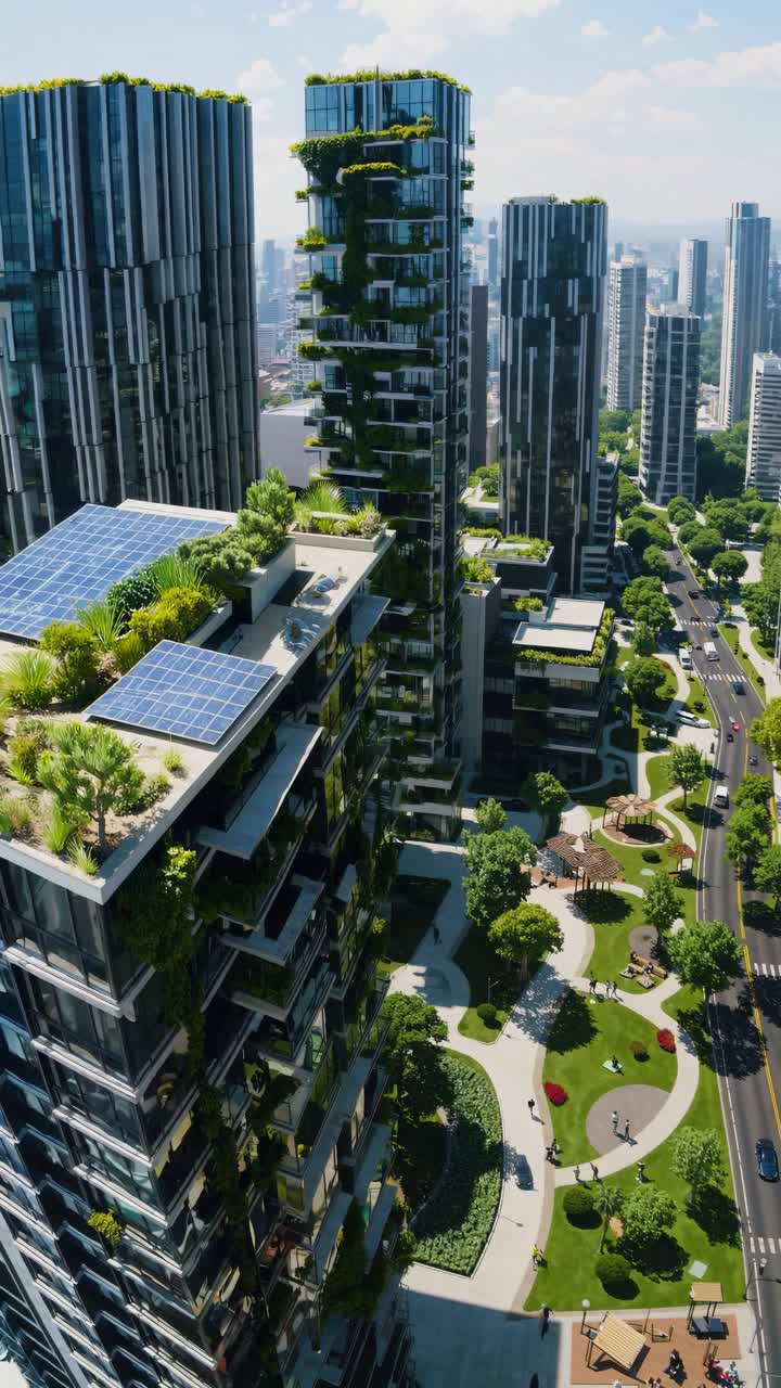 Visão aérea de uma paisagem urbana futurista e ecológica com vegetação exuberante e painéis solares