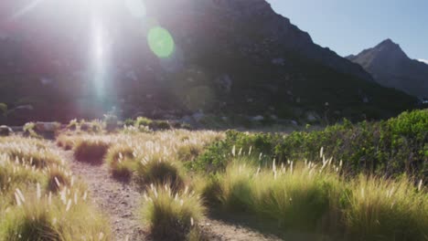 Hombre-Afroamericano-Corriendo-A-Campo-Traviesa-En-El-Campo-En-Una-Montaña