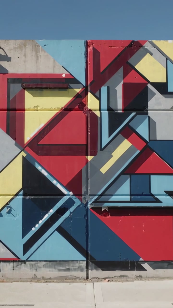 Vertical video: Starting camera shot zooming in on wall, showing geometric mural, seams and wear