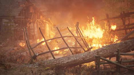 burning wooden house in old village