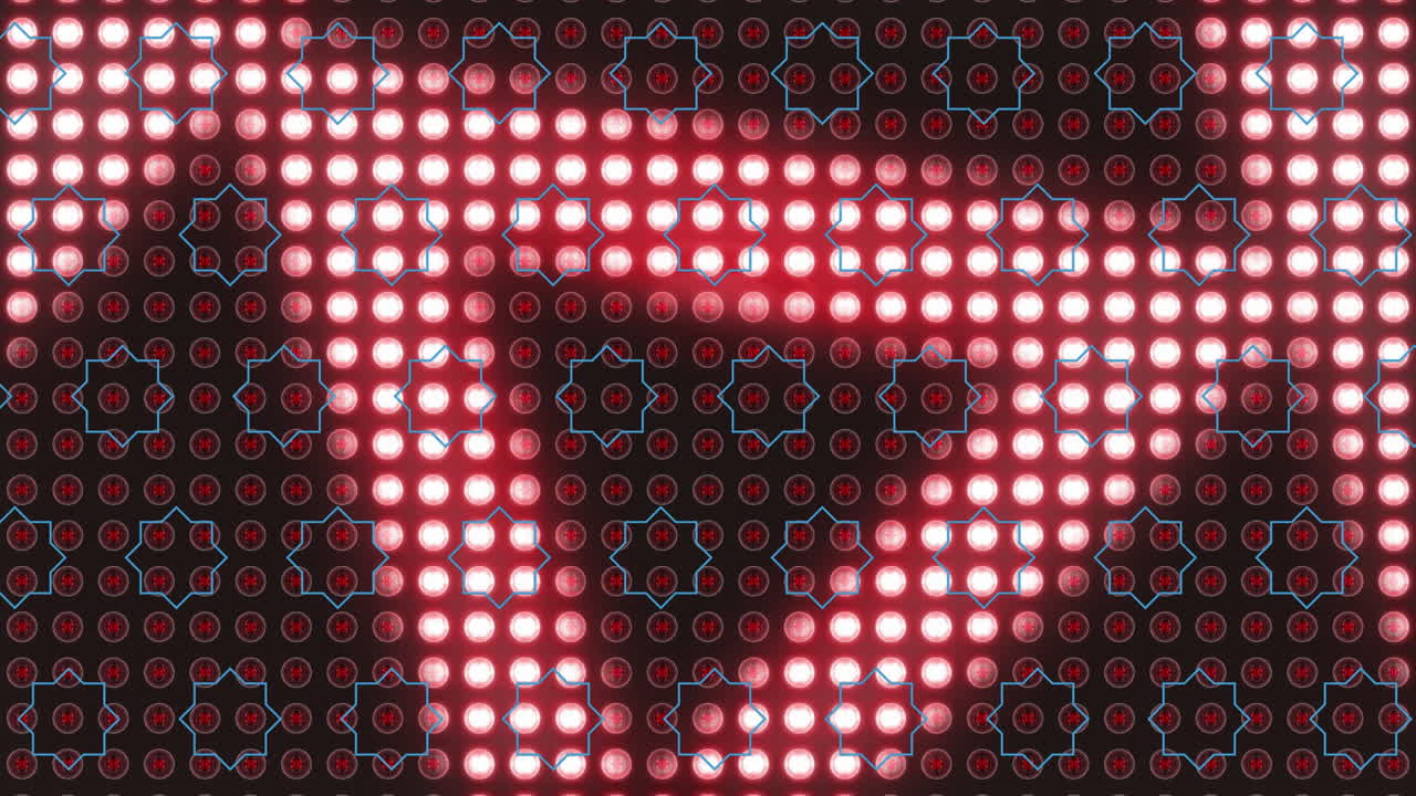 Animation of rotating triangle of white lights on red circular grid with star pattern