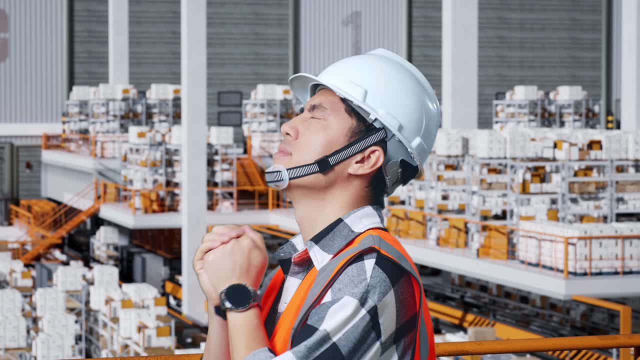 안전 헬을 입은 아시아 남성 엔지니어가 배달 물품으로 가득 찬 선반과 함께 창고에 서서 무언가를 위해 기도합니다.