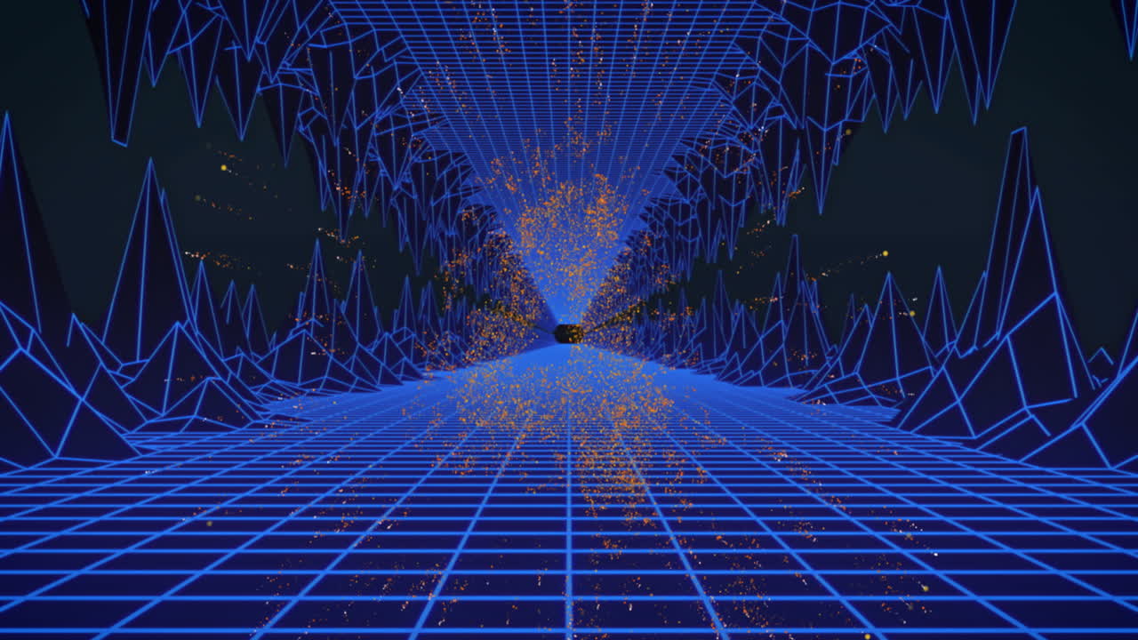 animación de números brillantes contando hacia atrás de 10 a 0 sobre el túnel de cuadrícula azul en negro