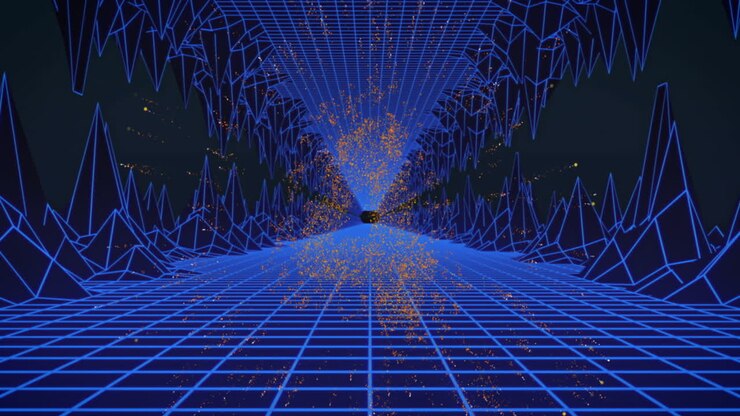 Animation of glittering numbers counting down from 10 to 0 over blue grid tunnel on black