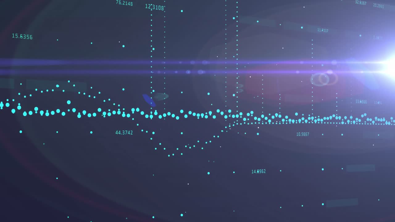 Animation of graphs, increasing numbers and lens flare against abstract background