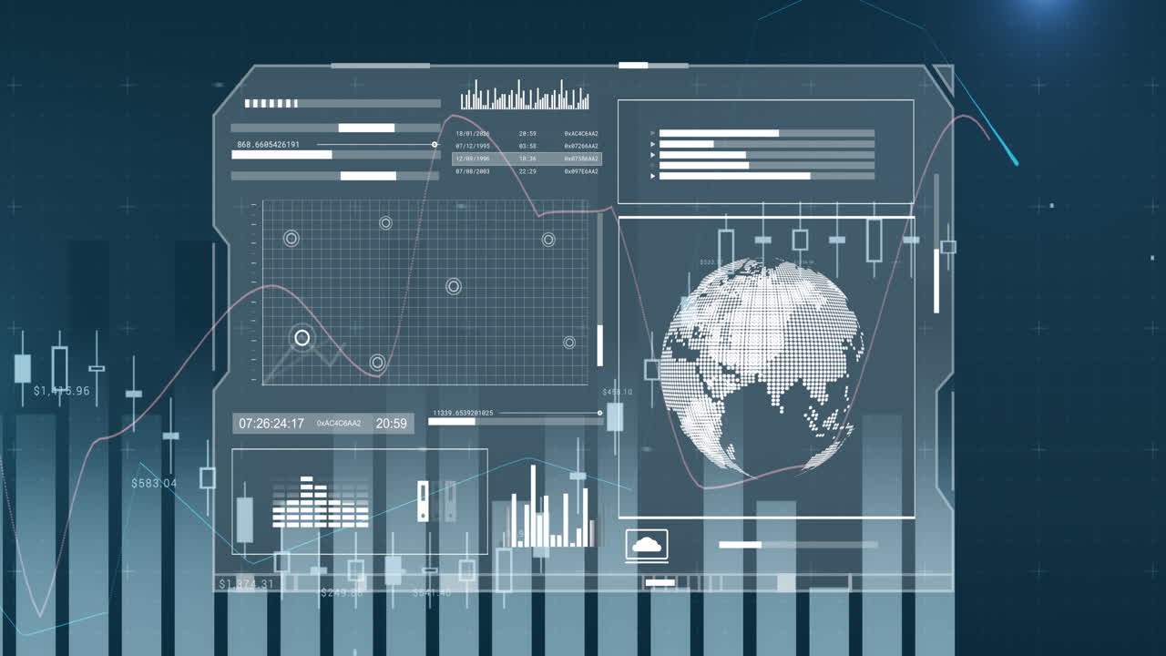 Animation of financial data processing and globe over screen