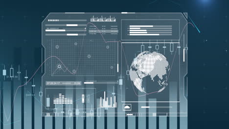 animación del procesamiento de datos financieros y globo sobre la pantalla
