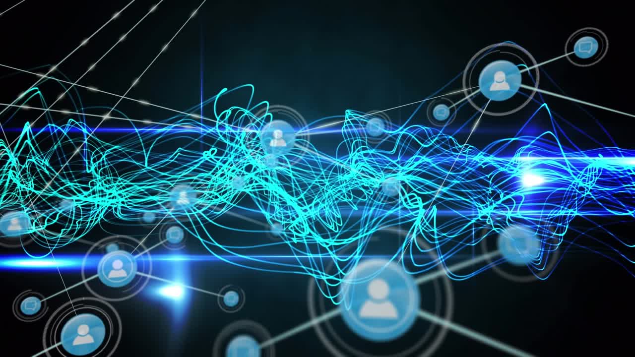 Animation of blue network of connections moving over dark background