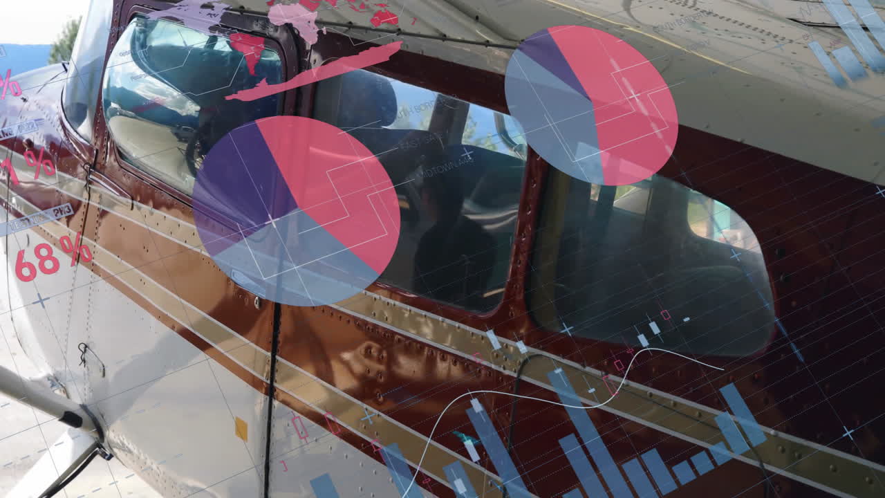 animación del procesamiento de datos y diagramas sobre el avión en el aeropuerto