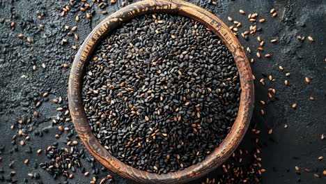 Black-Sesame-Seeds-in-Rustic-Wooden-Bowl-on-Dark-Surface