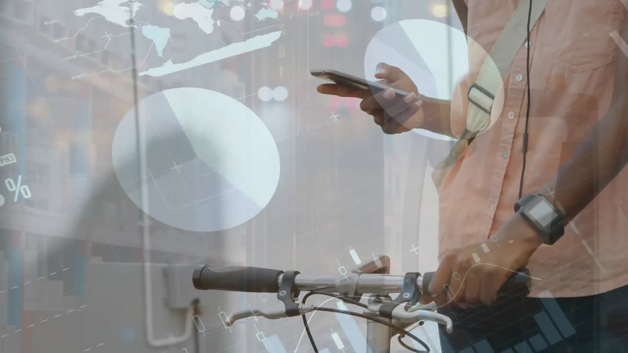 스마트폰을 사용하여 자전거를 타는 남자의 중간 섹션에 대한 통계 데이터 처리의 애니메이션