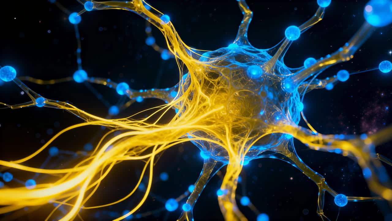 Pulsing neuron-like cell body emitting pulse along yellow axons toward blue nodes in simulation