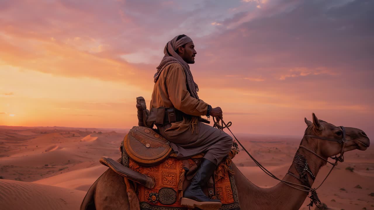 un hombre monta un camello a través del desierto al atardecer