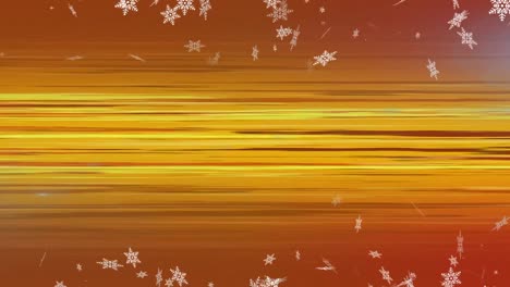 Animation-of-snow-falling-over-glowing-rays-on-orange-background