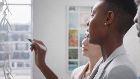 african american business woman using sticky notes brainstorming problem solving with diverse colleagues sharing creative ideas for solution in office meeting