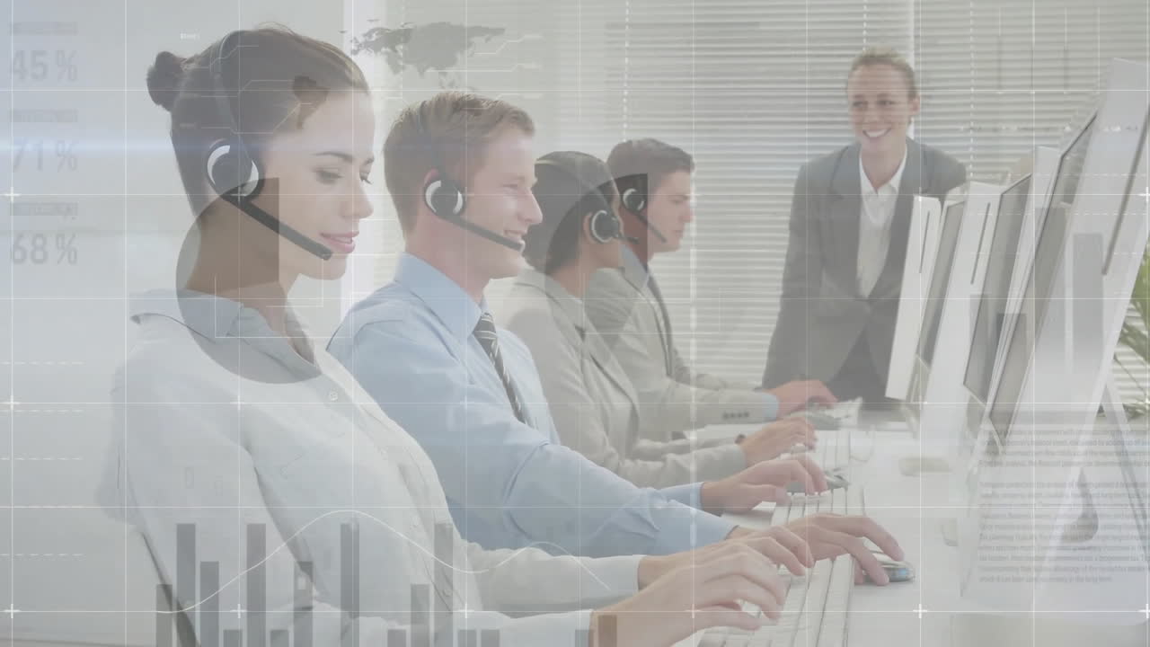 전화 헤드 ⁇ 을 가진 다양한 사업가들에 대한 금융 데이터 처리 애니메이션